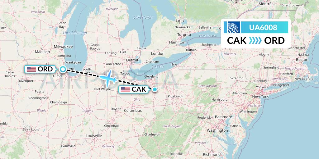UA6008 United Airlines Flight Map: Akron to Chicago