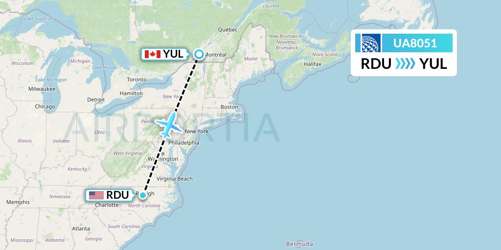 UA8051 United Airlines Flight Map: Raleigh-Durham to Montreal