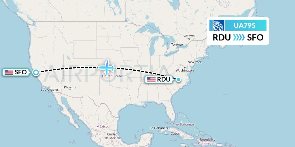 UA795 United Airlines Flight Map: Raleigh-Durham to San Francisco