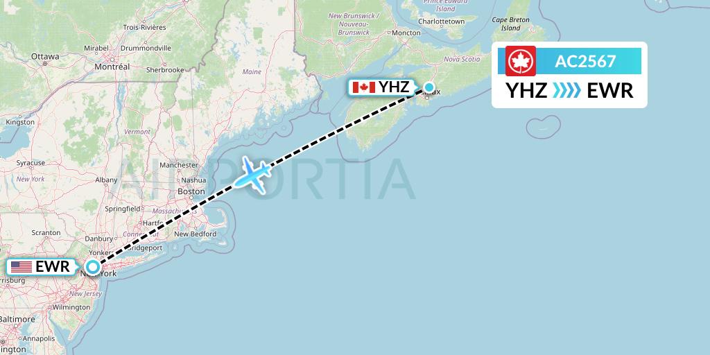 AC2567 Air Canada Flight Map: Halifax to New York