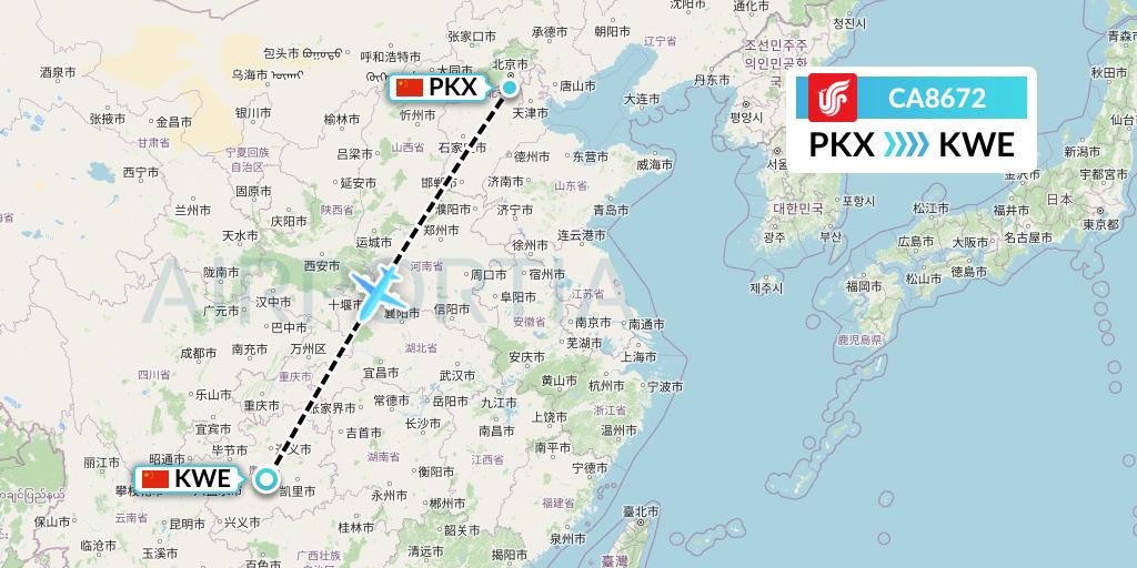 CA8672 Air China Flight Map: Beijing to Guiyang