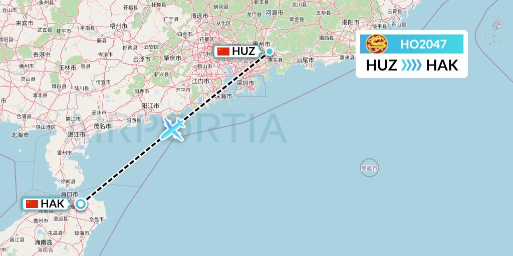 HO2047 Juneyao Airlines Flight Map: Huizhou to Haikou