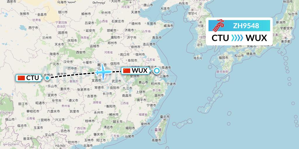 ZH9548 Shenzhen Airlines Flight Map: Chengdu to Wuxi