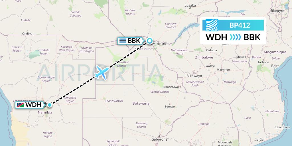 BP412 Air Botswana Flight Map: Windhoek to Kasane