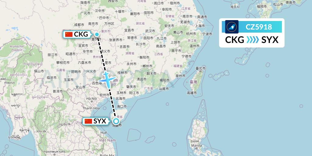 CZ5918 China Southern Airlines Flight Map: Chongqing to Sanya