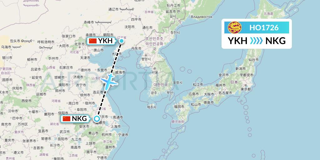 HO1726 Juneyao Airlines Flight Map: Yingkou to Nanjing