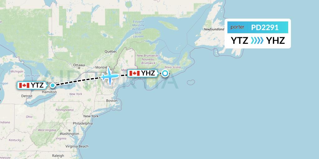 PD2291 Porter Airlines Flight Map: Toronto to Halifax