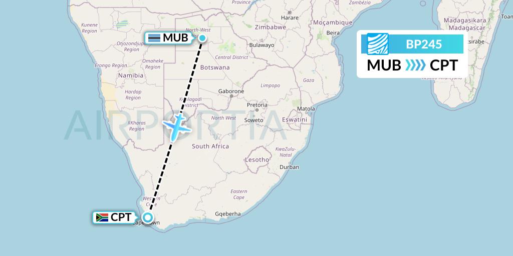 BP245 Air Botswana Flight Map: Maun to Cape Town