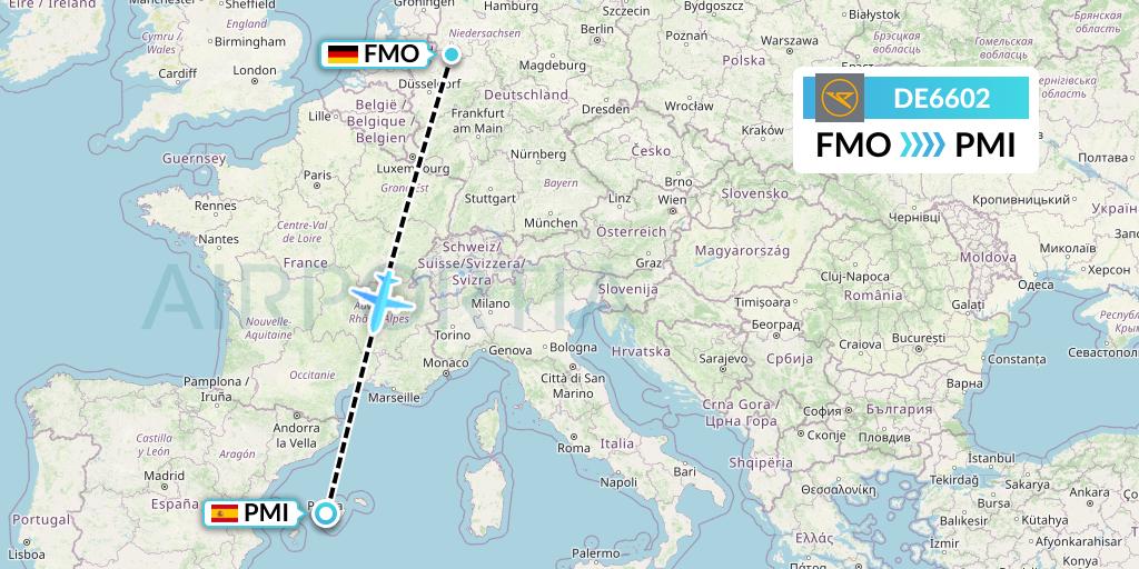 DE6602 Condor Flight Map: Munster to Palma de Mallorca