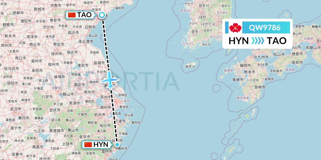 QW9786 Qingdao Airlines Flight Map: Huangyan to Qingdao