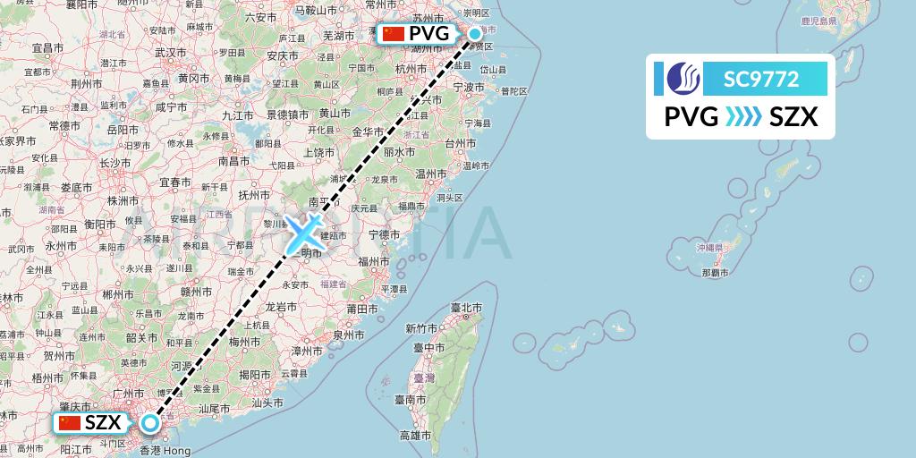 SC9772 Shandong Airlines Flight Map: Shanghai to Shenzhen