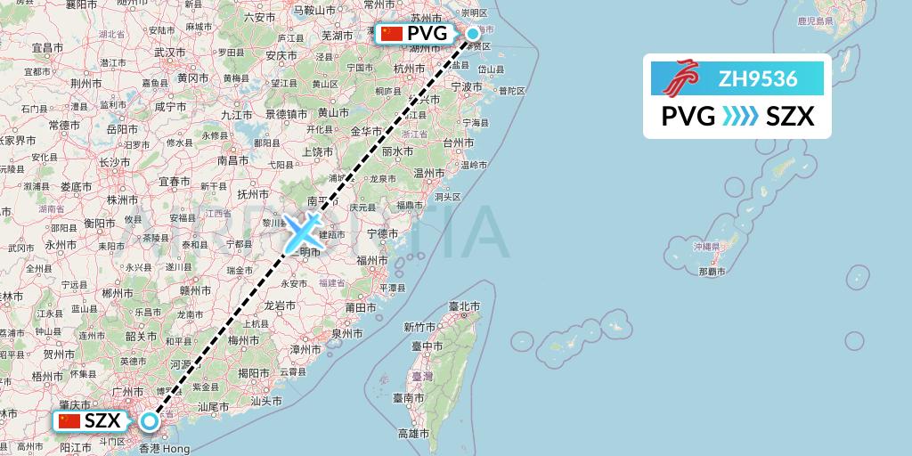 ZH9536 Shenzhen Airlines Flight Map: Shanghai to Shenzhen