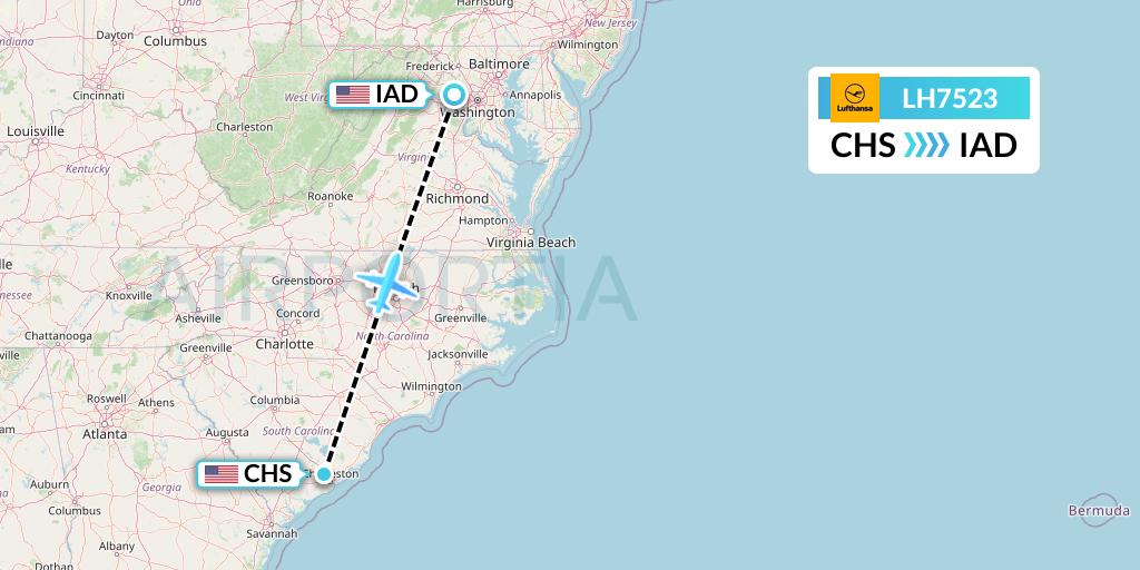 LH7523 Lufthansa Flight Map: Charleston to Washington