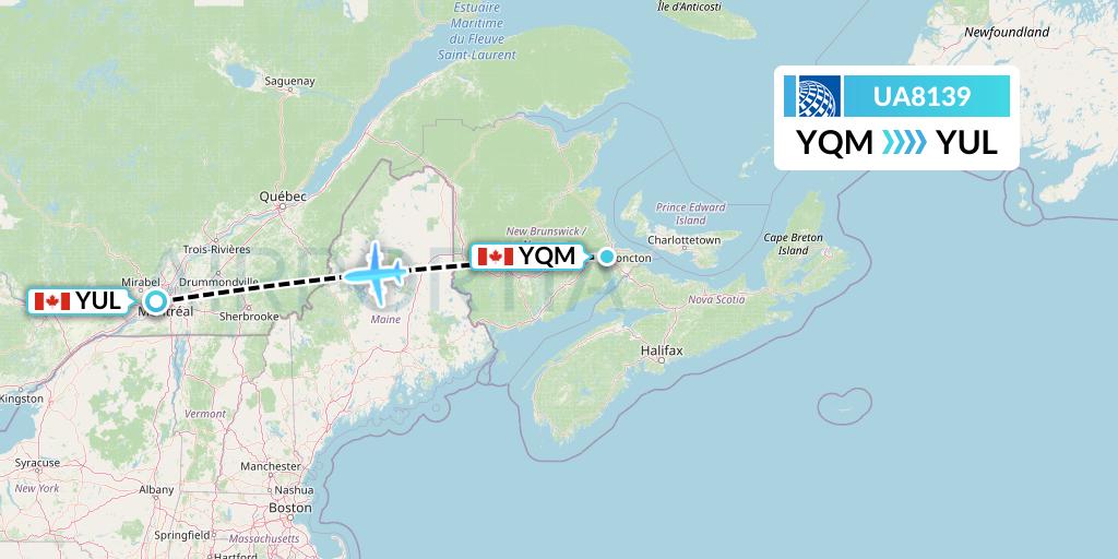 UA8139 United Airlines Flight Map: Moncton to Montreal