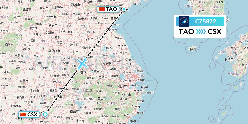 CZ5822 China Southern Airlines Flight Map: Qingdao to Changsha