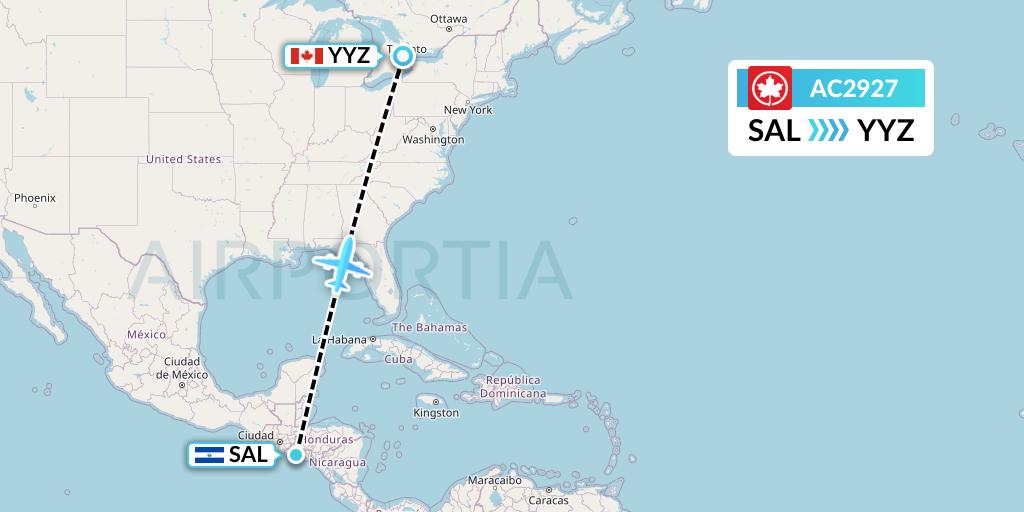 AC2927 Air Canada Flight Map: San Salvador to Toronto