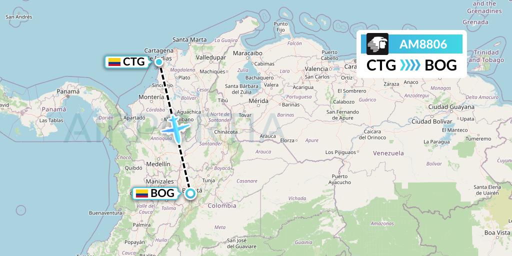 AM8806 Aeromexico Flight Map: Cartagena to Bogota
