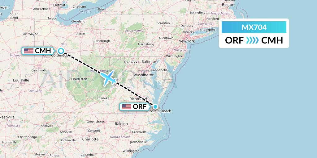 MX704 Breeze Airways Flight Map: Norfolk to Columbus