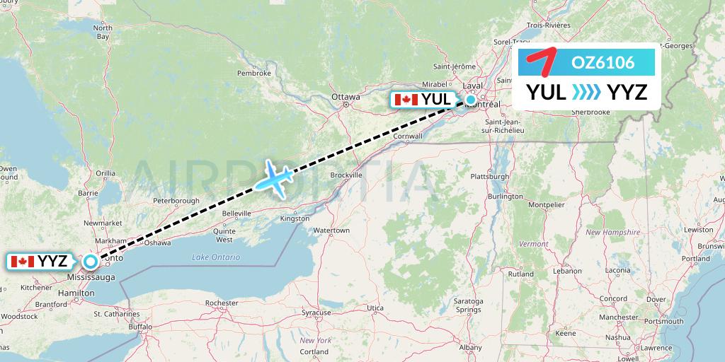 OZ6106 Asiana Airlines Flight Map: Montreal to Toronto