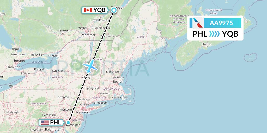 AA9975 American Airlines Flight Map: Philadelphia to Quebec