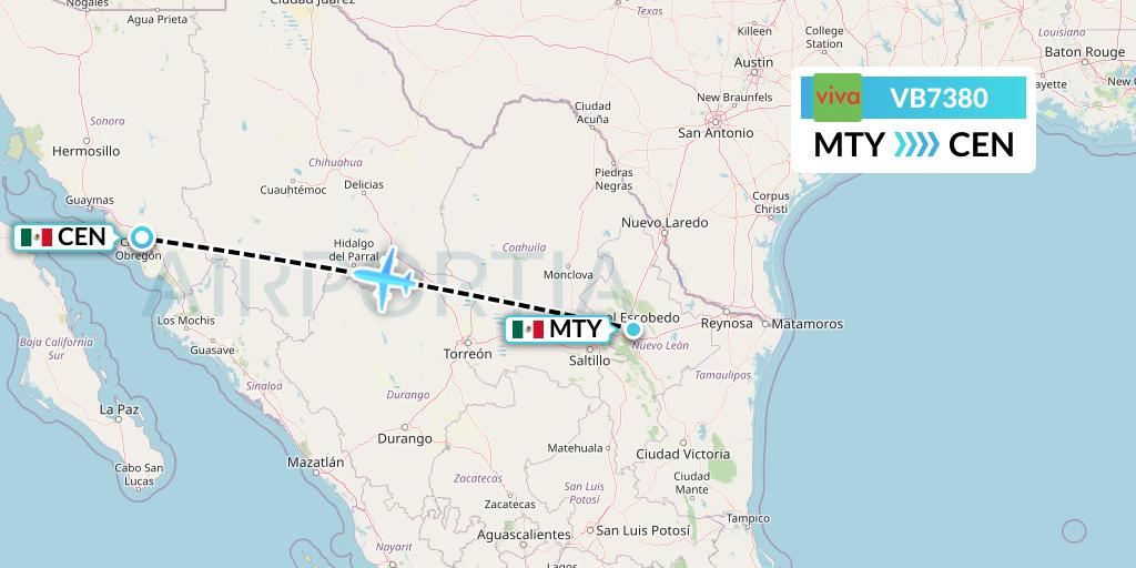 VB7380 VivaAerobus Flight Map: Monterrey to Ciudad Obregon