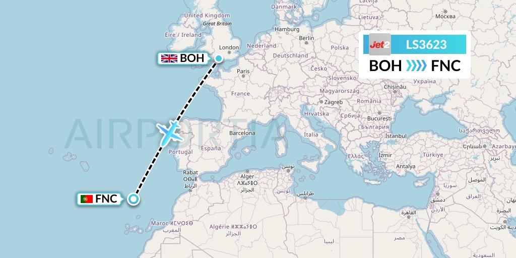 LS3623 Jet2 Flight Map: Bournemouth to Funchal