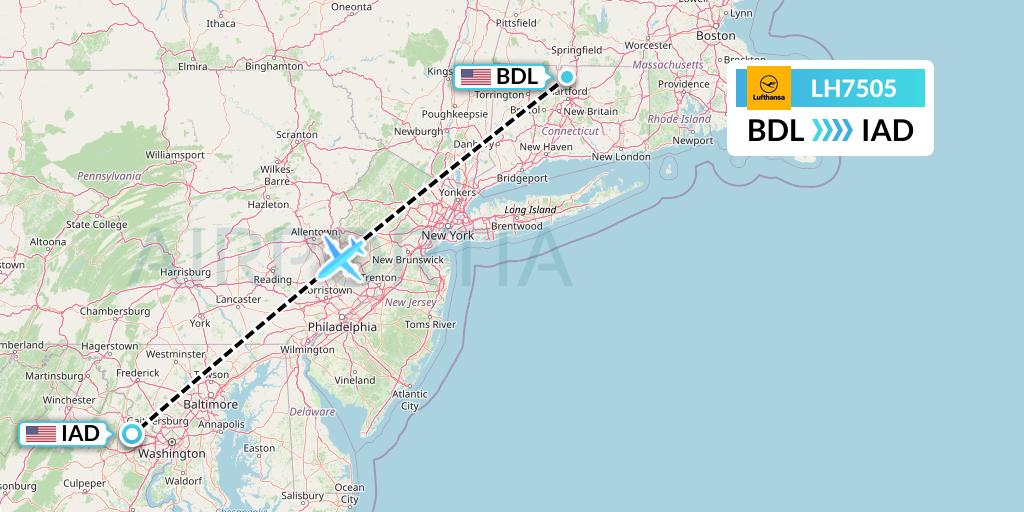 LH7505 Lufthansa Flight Map: Windsor Locks to Washington
