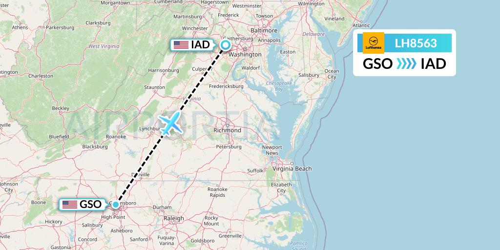 LH8563 Lufthansa Flight Map: Greensboro to Washington