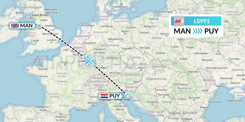 LS991 Jet2 Flight Map: Manchester to Pula