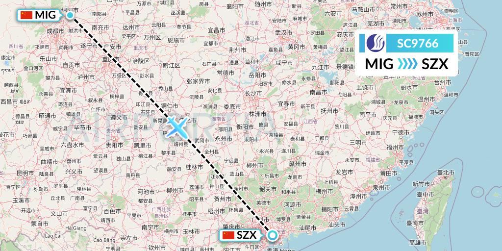 SC9766 Shandong Airlines Flight Map: Mianyang to Shenzhen