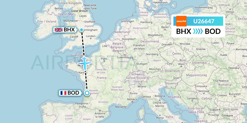 U26647 EasyJet Flight Map: Birmingham to Bordeaux