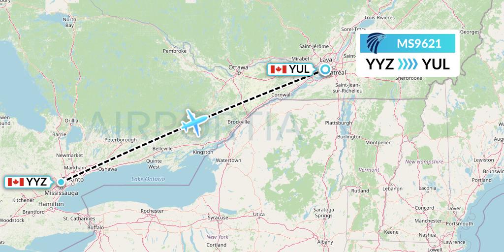 MS9621 EgyptAir Flight Map: Toronto to Montreal