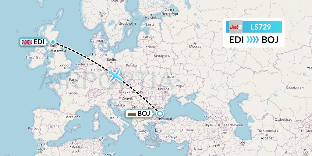 LS729 Jet2 Flight Map: Edinburgh to Burgas