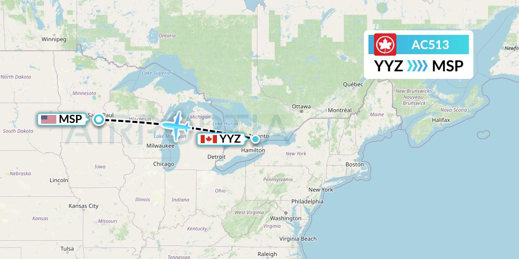 AC513 Air Canada Flight Map: Toronto to Minneapolis