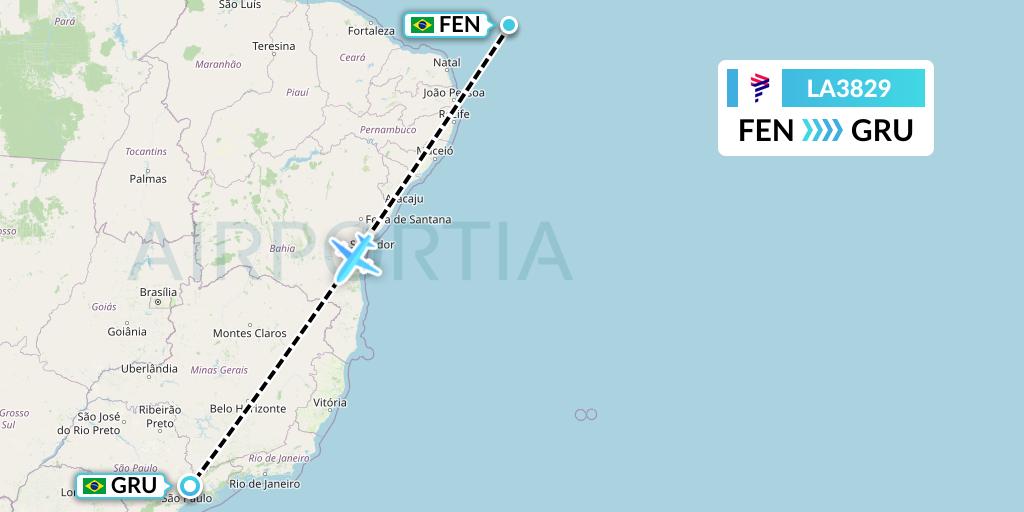 LA3829 LAN Airlines Flight Map: Fernando De Noronha to Sao Paulo