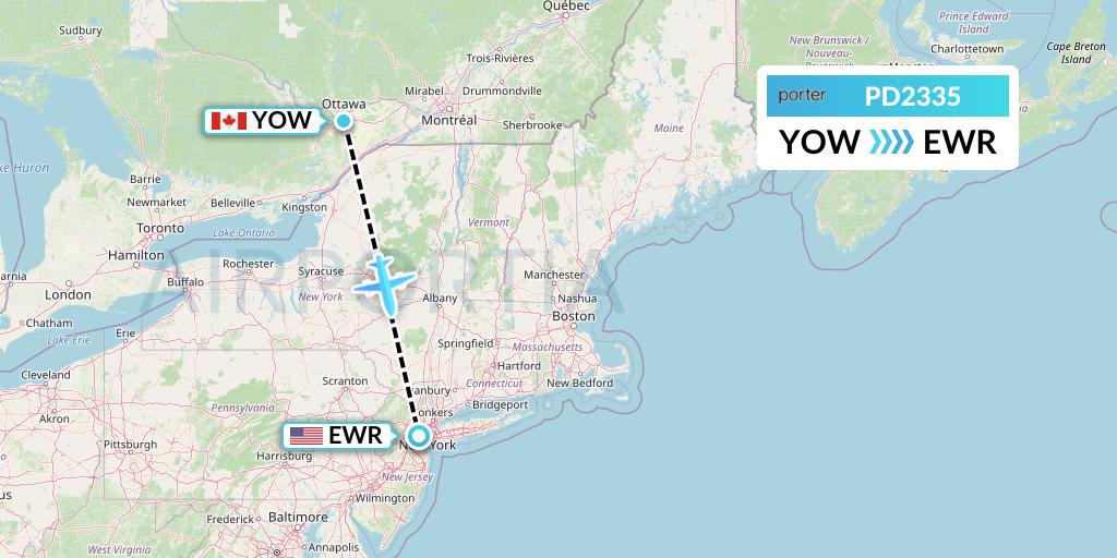PD2335 Porter Airlines Flight Map: Ottawa to New York