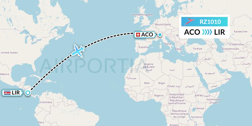 RZ1010 Sansa Airlines Flight Map: Ascona to Liberia