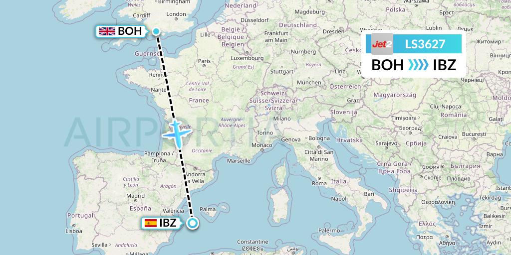 LS3627 Jet2 Flight Map: Bournemouth to Ibiza