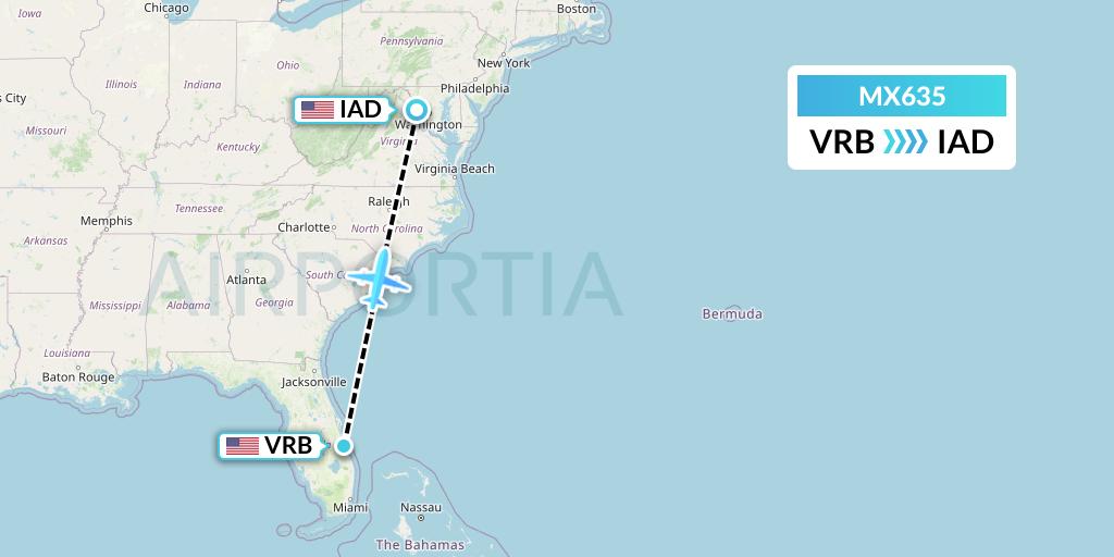 MX635 Breeze Airways Flight Map: Vero Beach to Washington