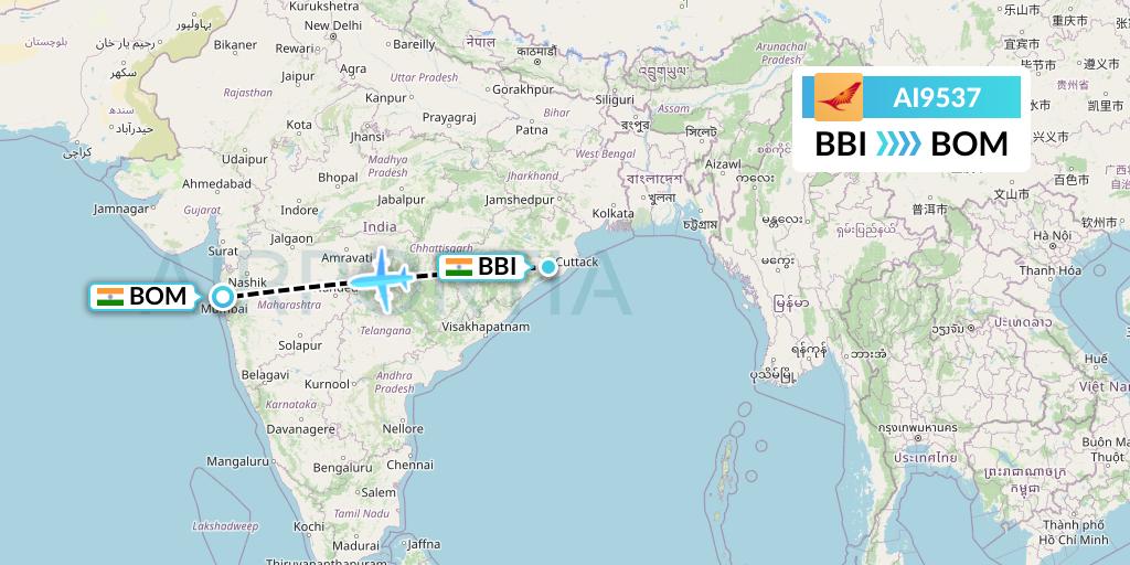 AI9537 Air India Flight Map: Bhubaneswar to Mumbai