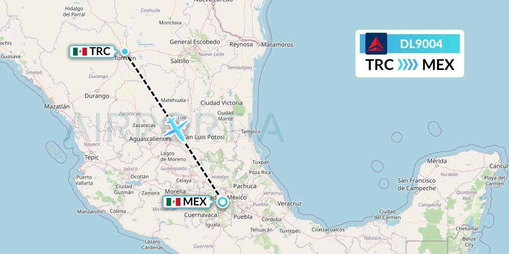DL9004 Delta Air Lines Flight Map: Torreon to Mexico City