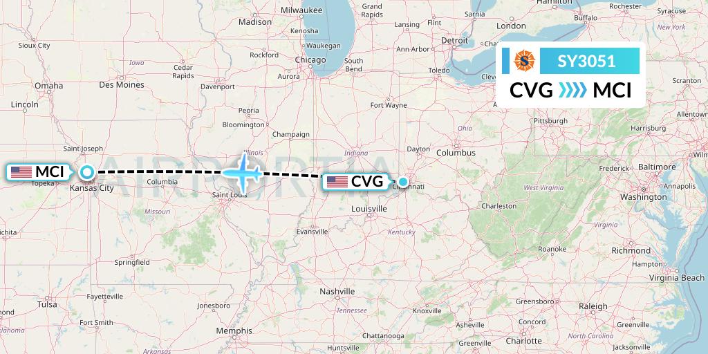 SY3051 Sun Country Airlines Flight Map: Cincinnati to Kansas City