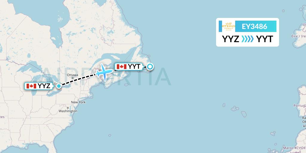 EY3486 Etihad Airways Flight Map: Toronto to St. John's
