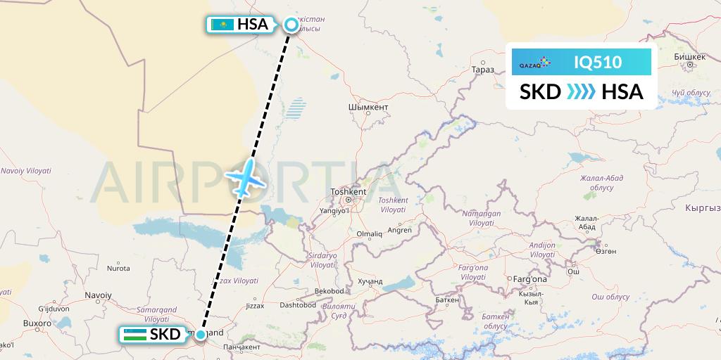 IQ510 Qazaq Air Flight Map: Samarkand to Shymkent