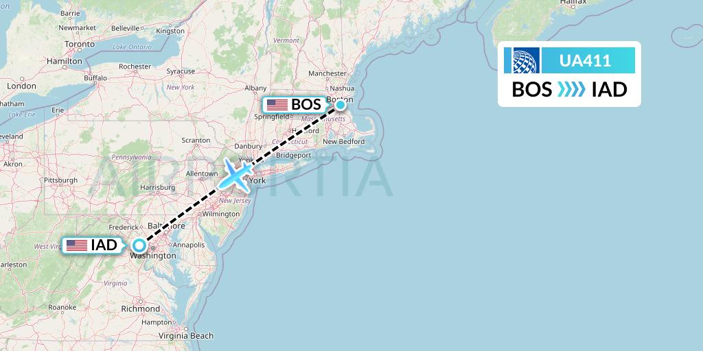 UA411 United Airlines Flight Map: Boston to Washington