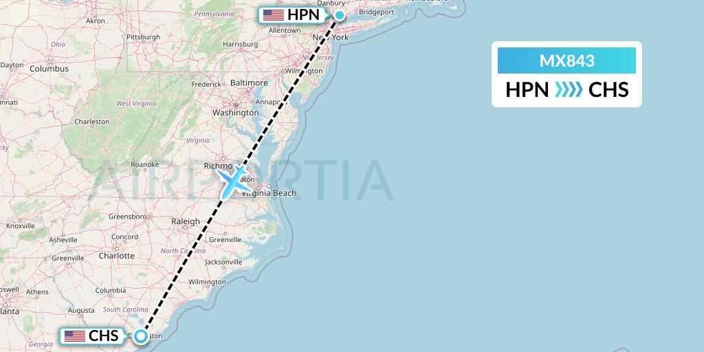 MX843 Breeze Airways Flight Map: White Plains to Charleston