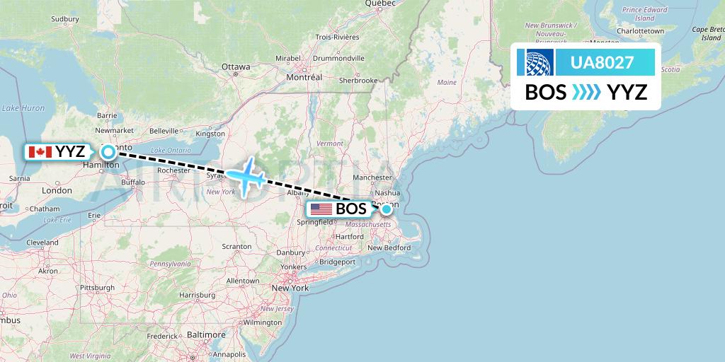 UA8027 United Airlines Flight Map: Boston to Toronto