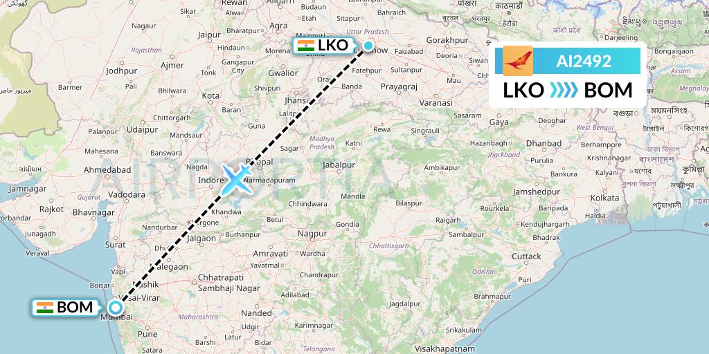 AI2492 Air India Flight Map: Lucknow to Mumbai