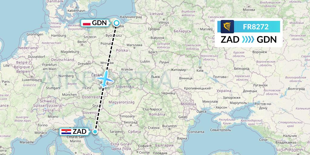 FR8272 Ryanair Flight Map: Zadar to Gdansk