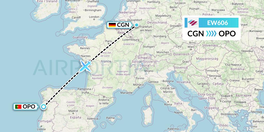 EW606 Eurowings Flight Map: Cologne to Porto